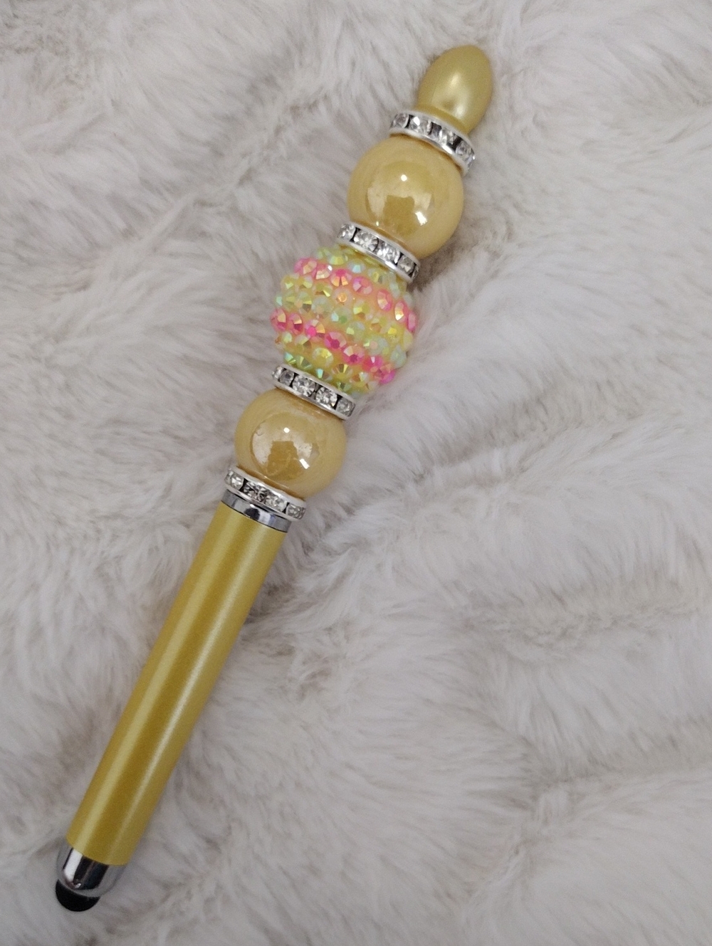 Yellow Beaded Stylus & Pen with Rhinestone Accents